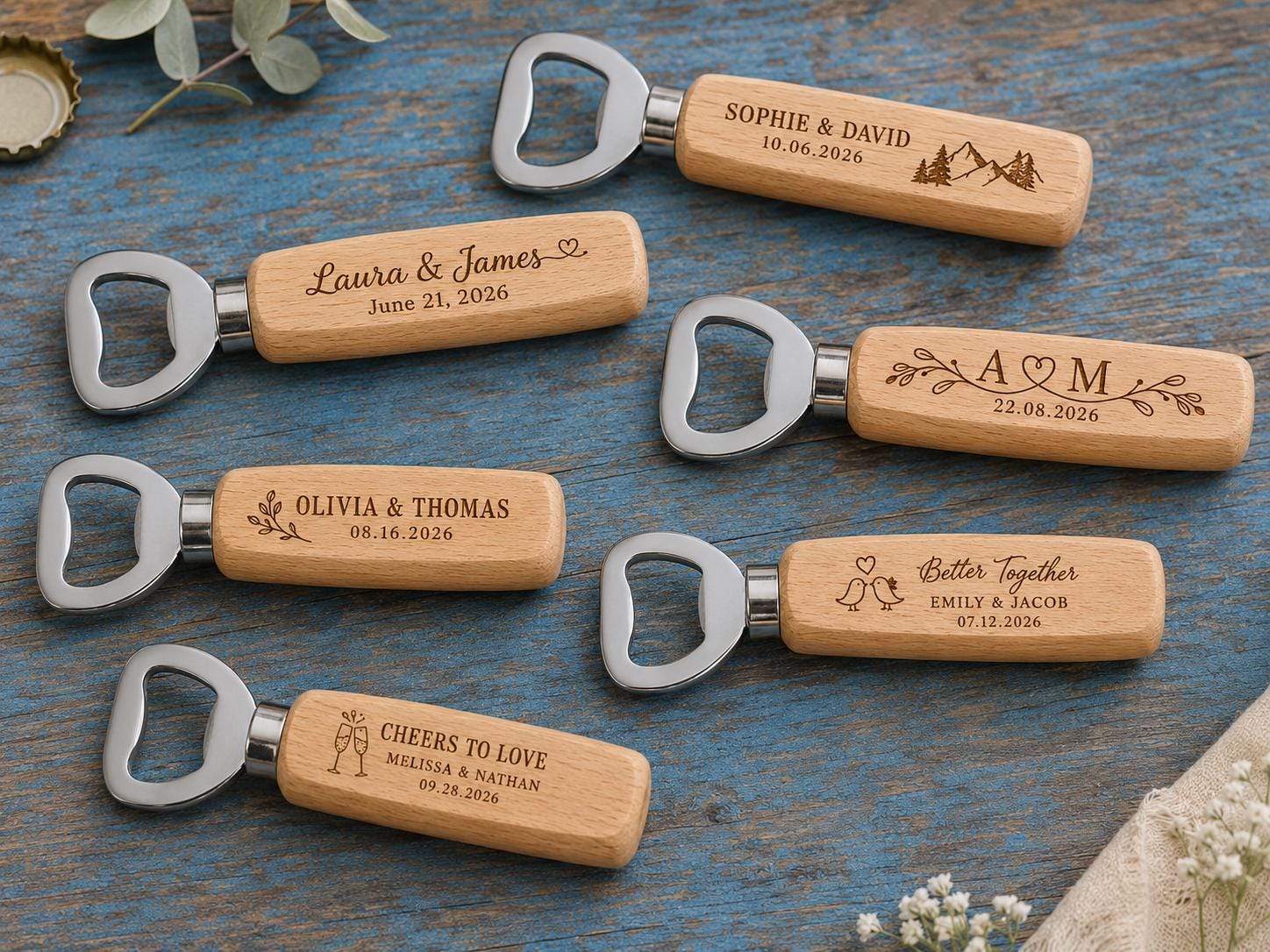 Personalised Wooden Bottle Opener Wedding Favour, Engraved Guest Gift