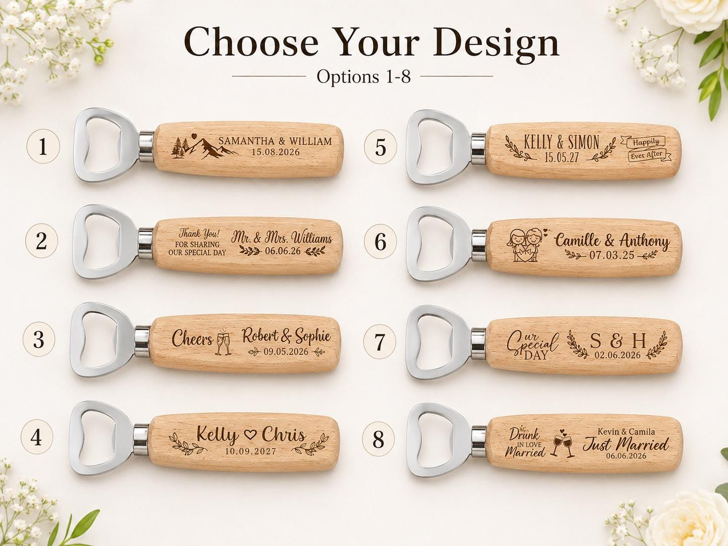 Personalised Wooden Bottle Opener Wedding Favour, Engraved Guest Gift