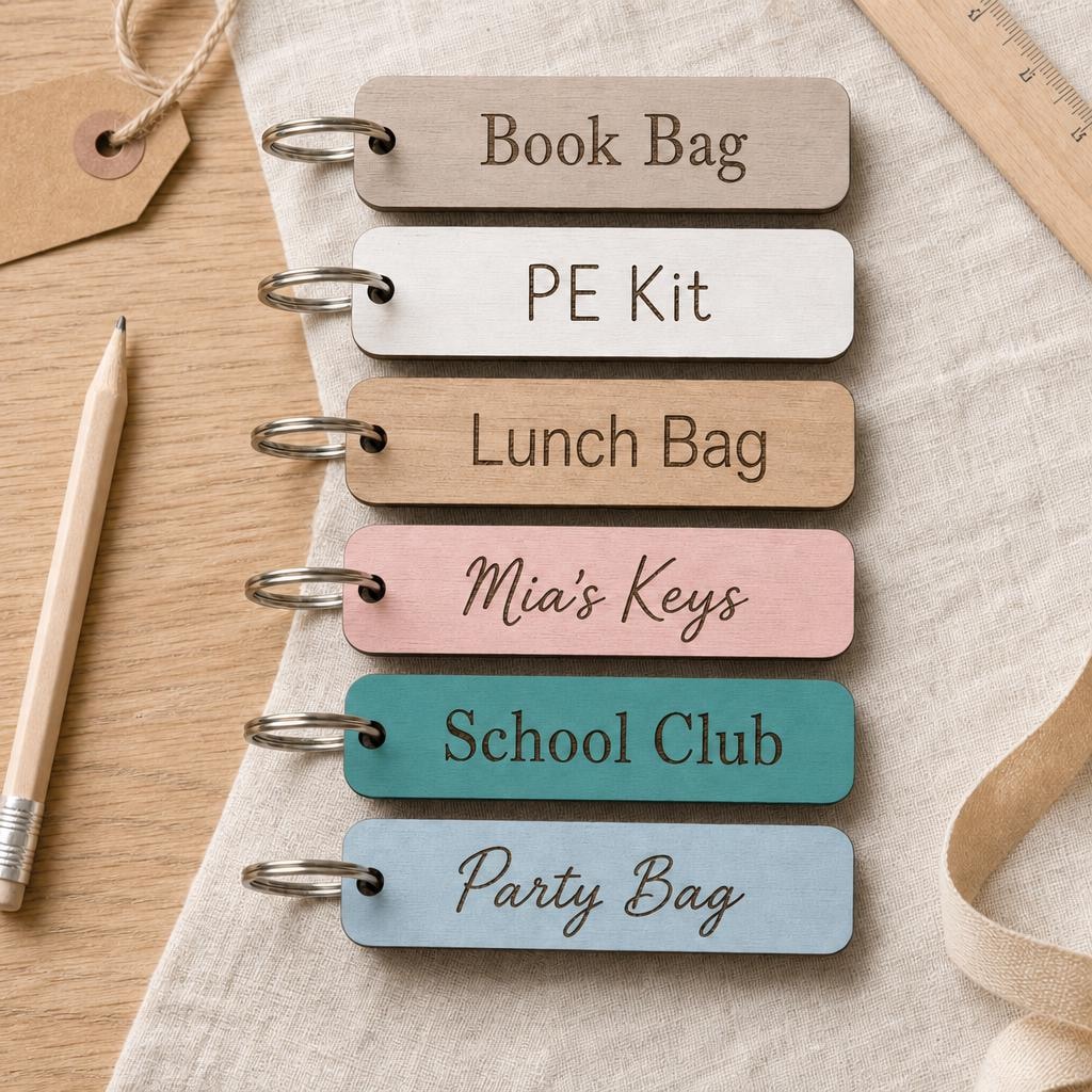 Personalised Rectangular Wooden School Bag Keyring, Engraved Kids Name Tag, Back to School Party Bag Favour shown as back to school painted wooden keyring examples.