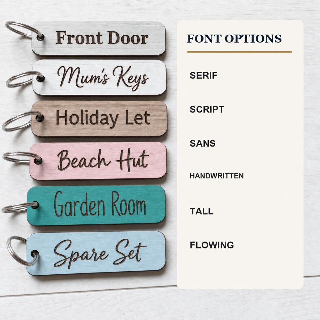 Font options for rectangular personalised school bag keyrings.