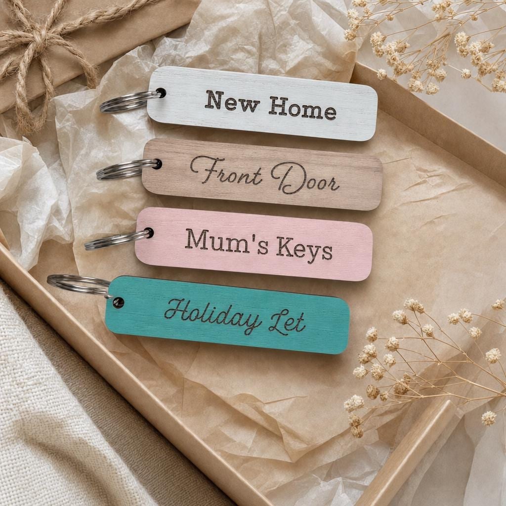 Gift close-up of a personalised rectangular wooden keyring.
