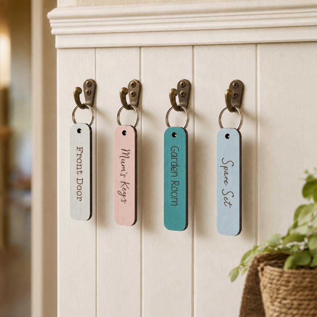 rectangular wooden keyrings shown on hallway hooks.