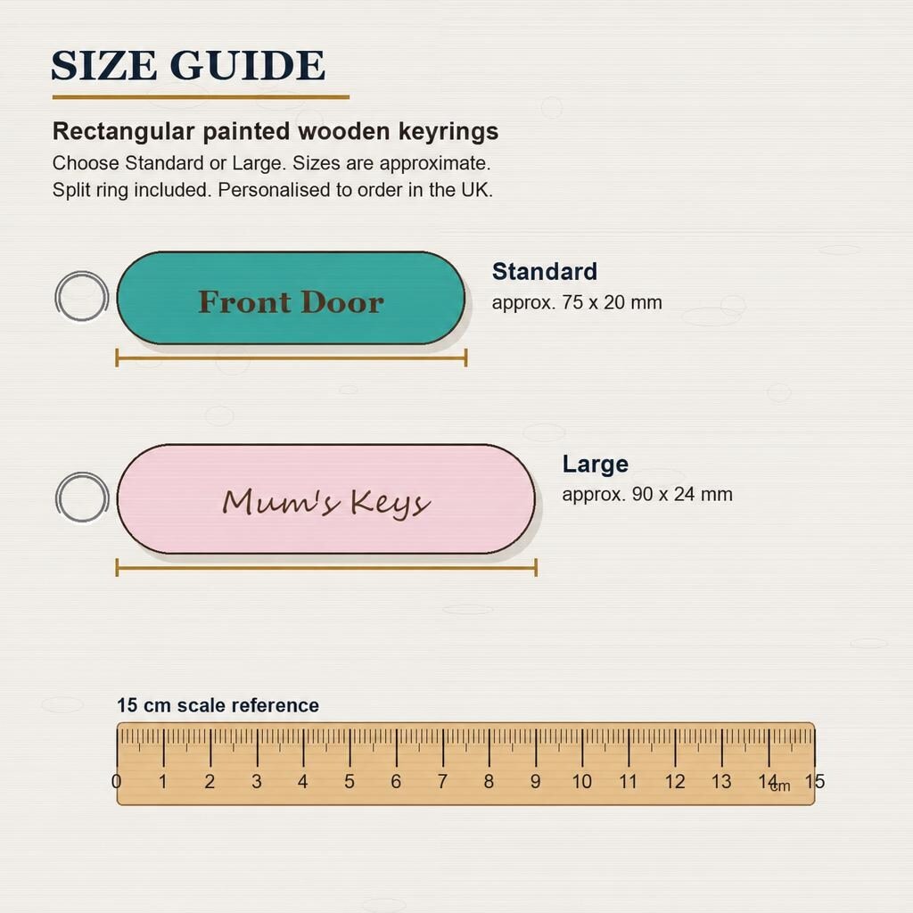 15 cm size guide showing Standard and Large rectangular keyring sizes.
