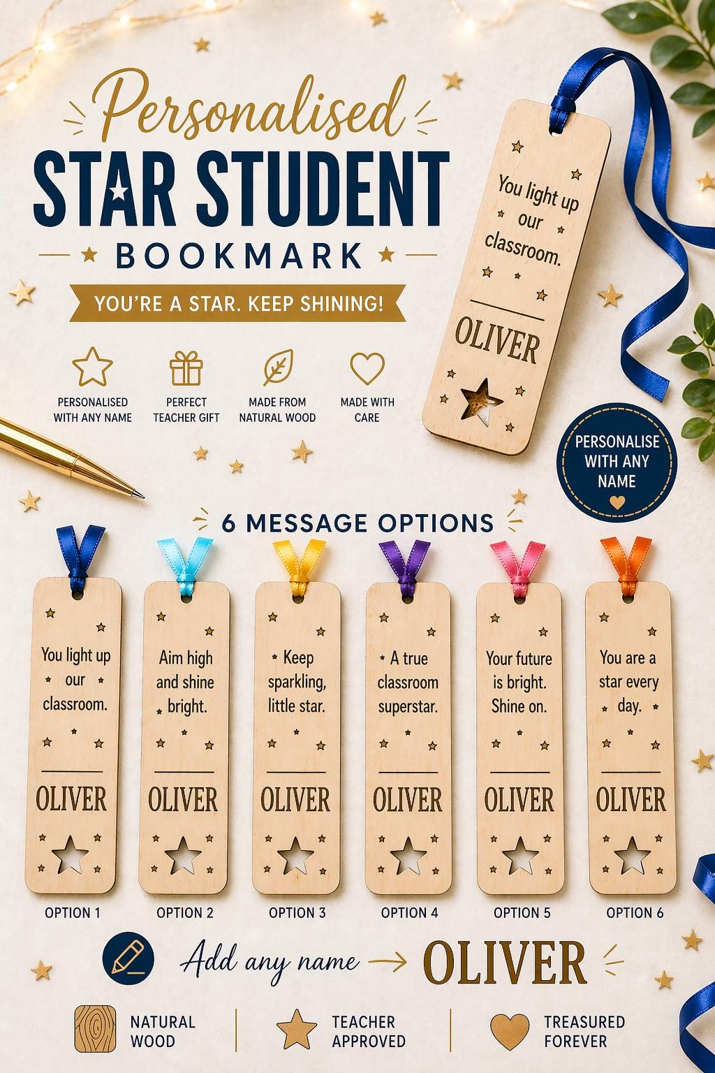 Personalised Wooden Star Student Bookmark, Laser Engraved Name, Teacher Gift