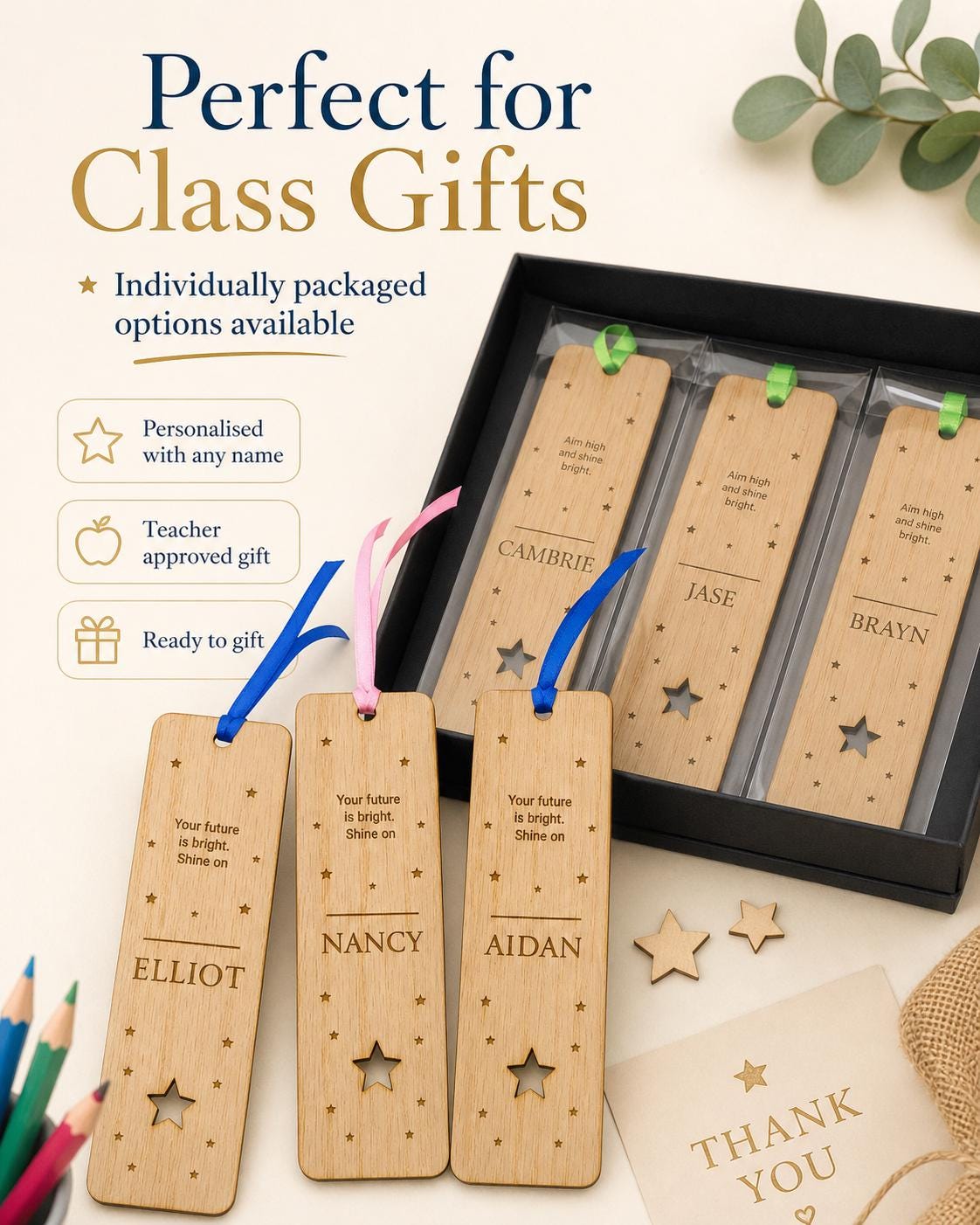 Personalised Wooden Star Student Bookmark, Laser Engraved Name, Teacher Gift