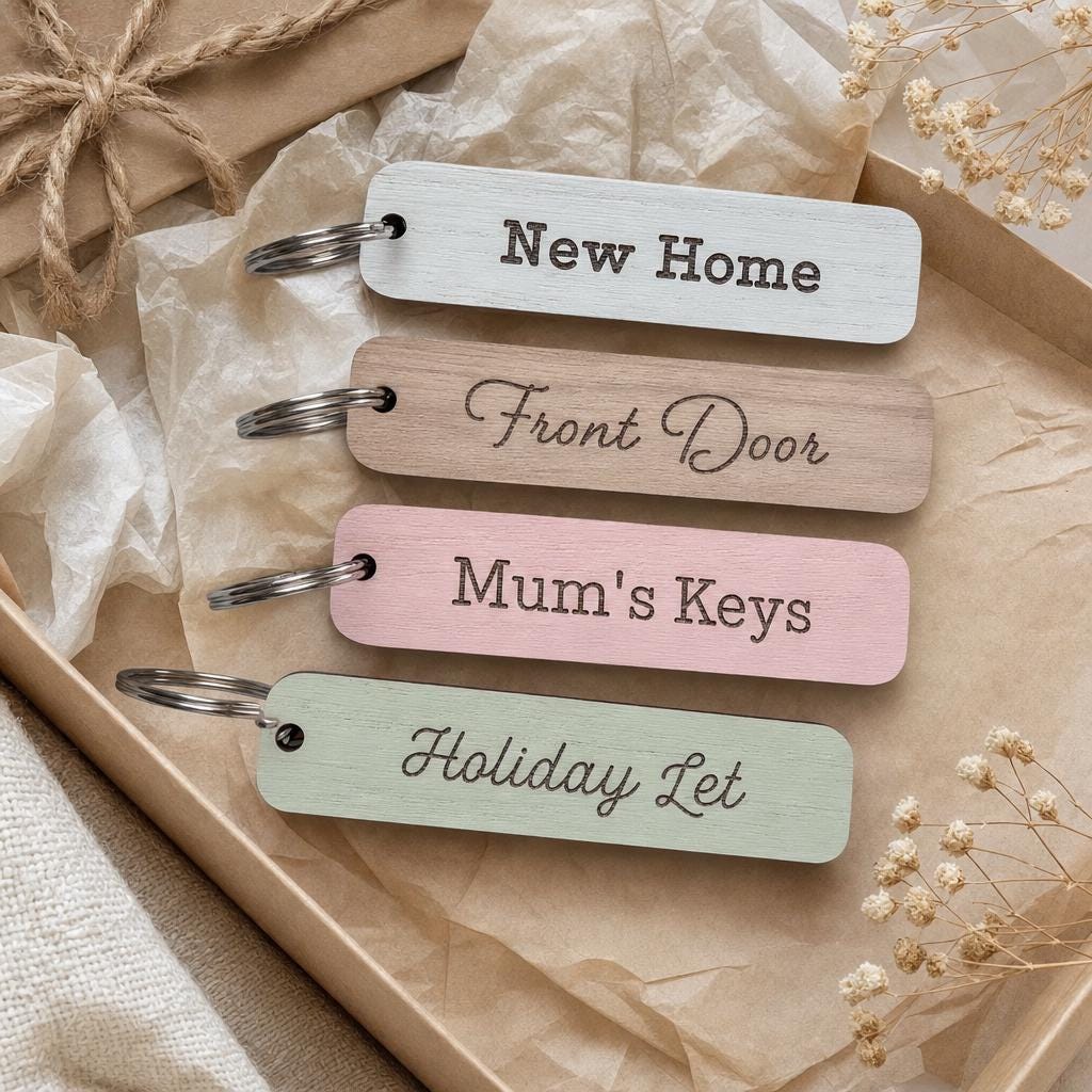 Personalised Workshop Keyring, Rectangular Wooden Key Fob for Studio, Office, Salon or Stock Room