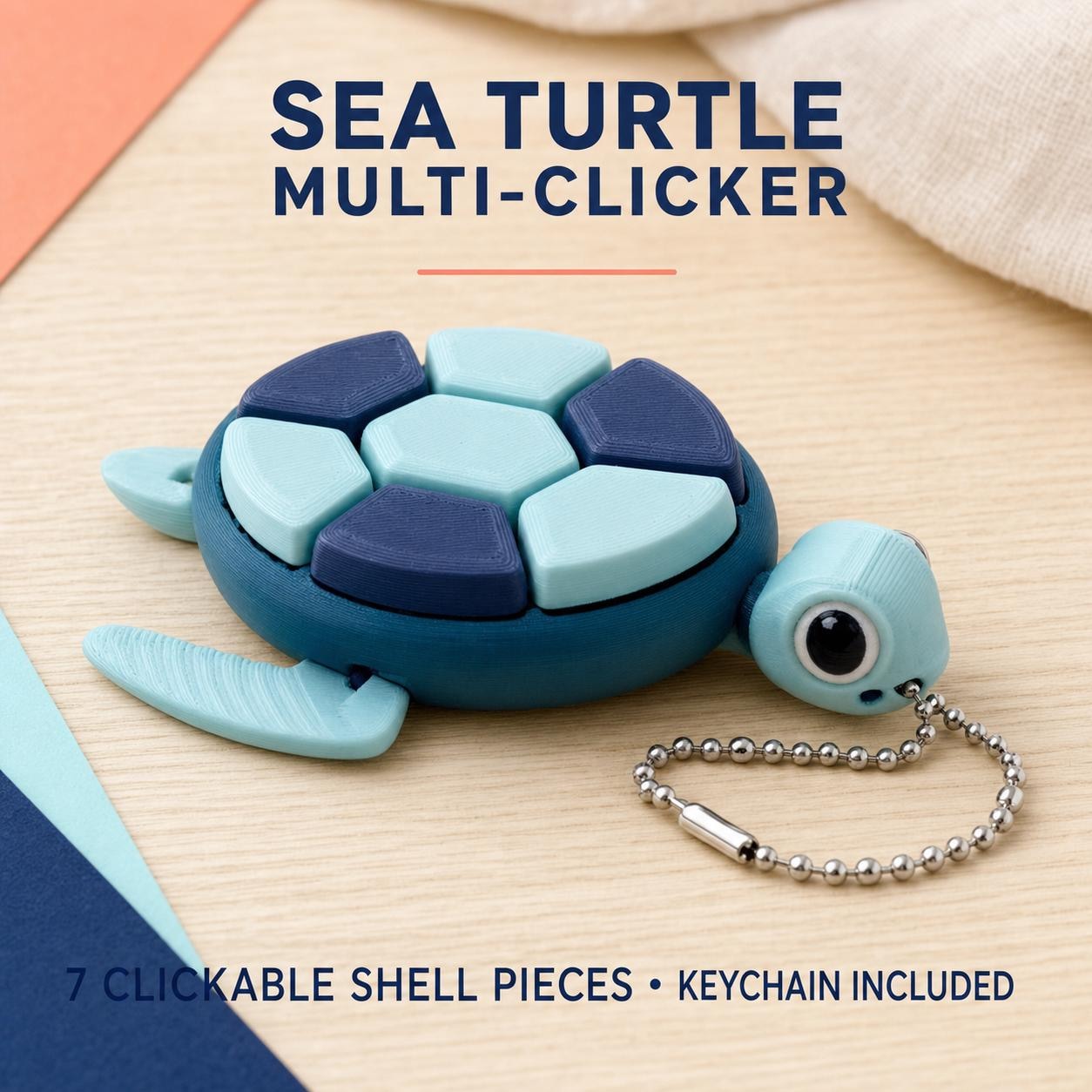 Ocean Blue sea turtle multi-clicker keychain with seven shell buttons and an included ball-chain.