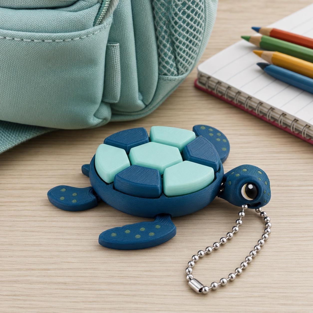Ocean Blue articulated turtle clicker keychain beside a backpack, notebook and coloured pencils.