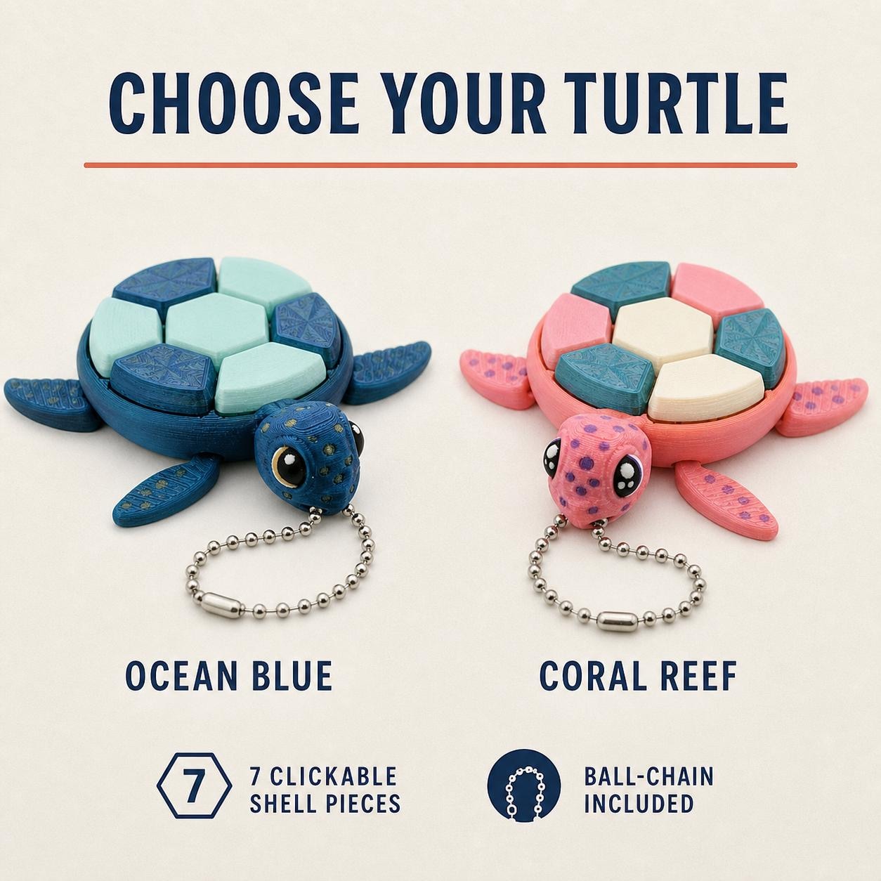 Sea turtle clicker colour guide showing Ocean Blue and Coral Reef with included ball-chains.