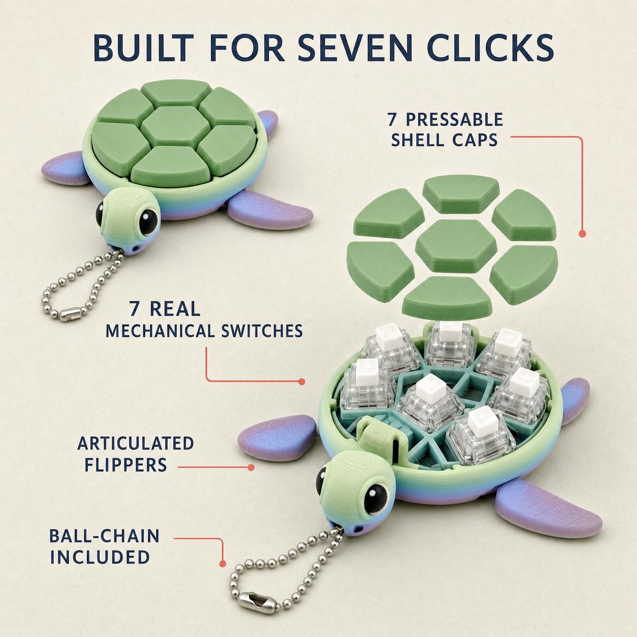 Sea turtle construction guide showing seven shell caps, seven mechanical switches, articulated flippers and ball-chain.