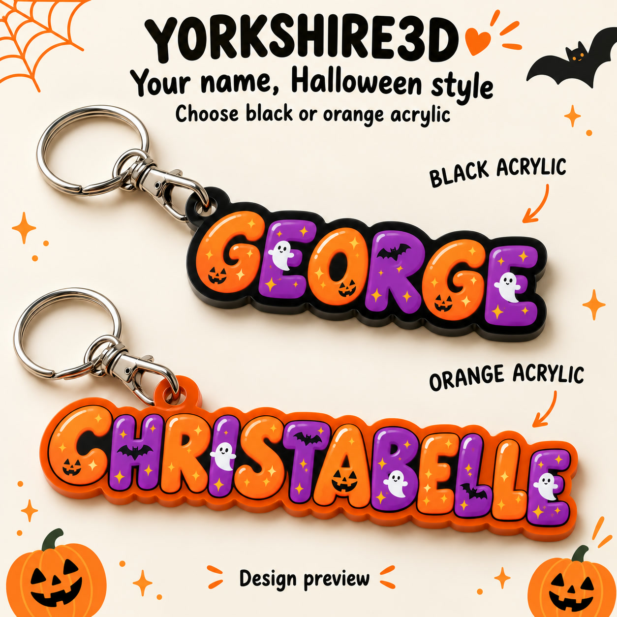 Yorkshire3D Halloween bubble-name design preview with orange and purple printed letters: GEORGE on black acrylic and CHRISTABELLE on orange acrylic, showing both base choices.