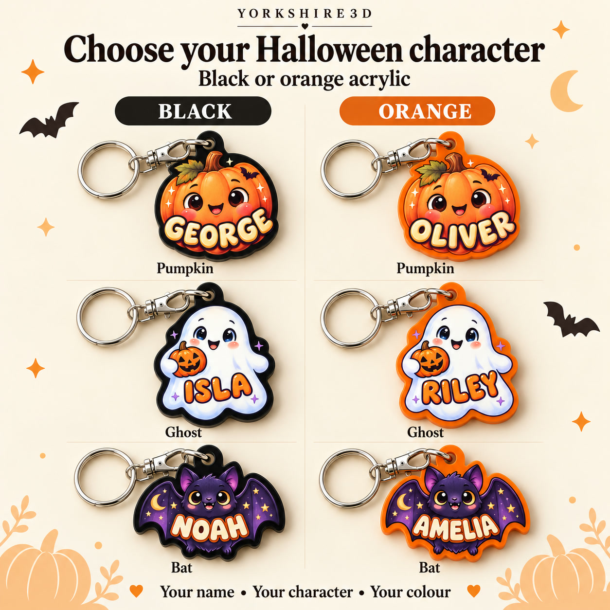 Yorkshire3D design preview showing Pumpkin, Ghost and Bat Halloween keyring designs in black and orange acrylic, with six personalised sample names.