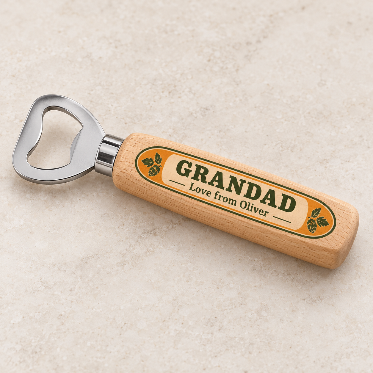 Digital product mockup of personalised dad bottle opener, full colour wooden grandad gift for father's day and birthdays, studio hero.