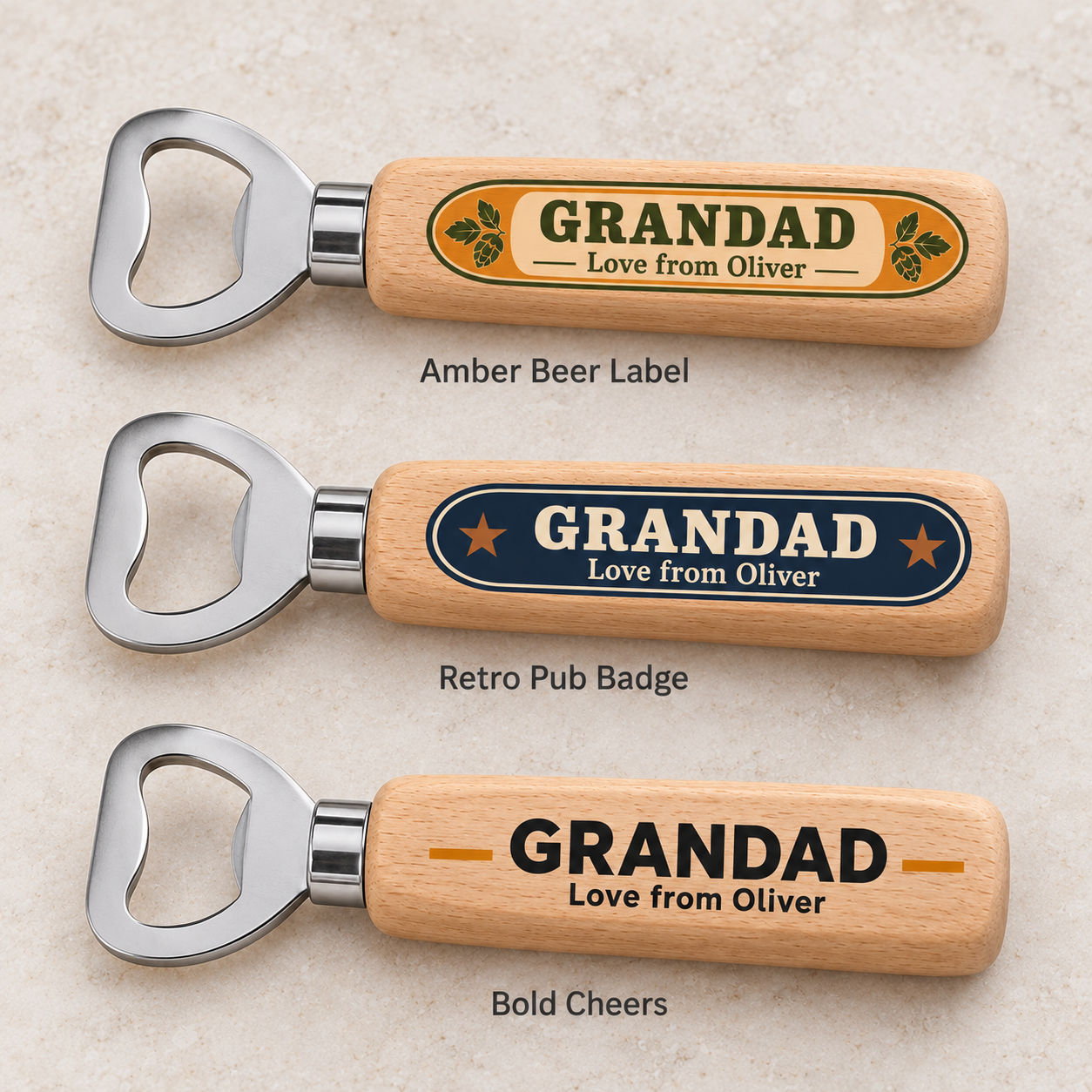 Digital product mockup of personalised dad bottle opener, full colour wooden grandad gift for father's day and birthdays, design choices.
