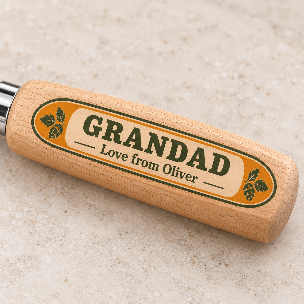 Digital product mockup of personalised dad bottle opener, full colour wooden grandad gift for father's day and birthdays, print detail.