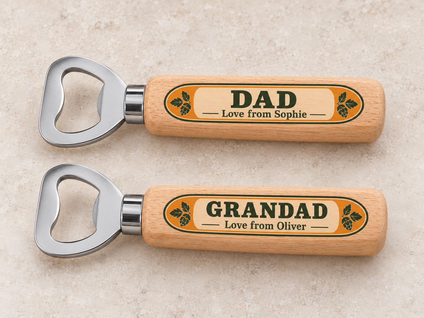 Digital product mockup of personalised dad bottle opener, full colour wooden grandad gift for father's day and birthdays, personalisation examples.