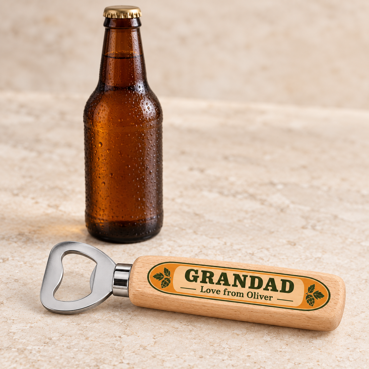 Digital product mockup of personalised dad bottle opener, full colour wooden grandad gift for father's day and birthdays, size context.
