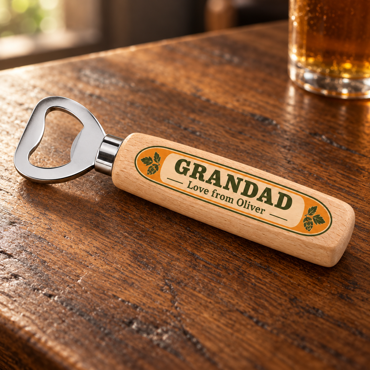 Digital product mockup of personalised dad bottle opener, full colour wooden grandad gift for father's day and birthdays, home bar lifestyle.