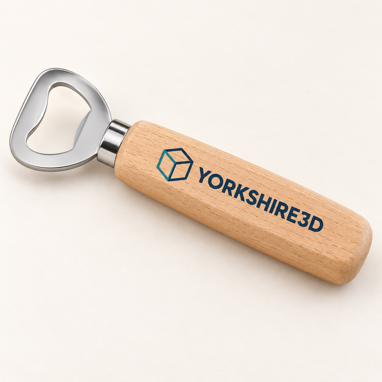 Digital product mockup of custom logo bottle opener, full colour wooden branded gift with your uploaded artwork, hero.