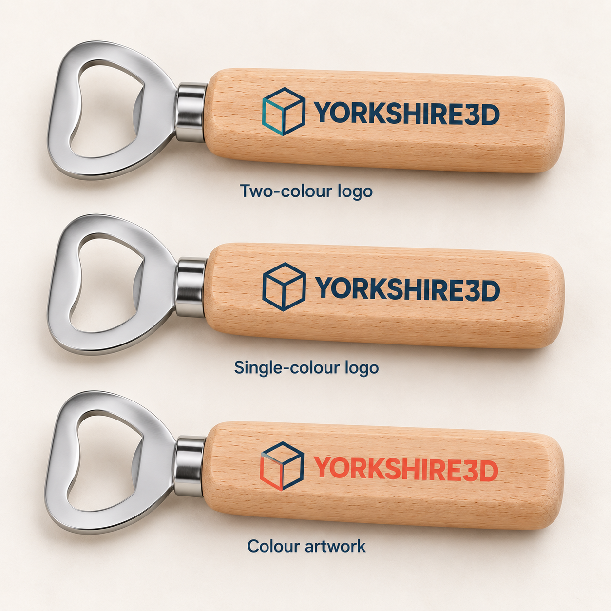 Digital product mockup of custom logo bottle opener, full colour wooden branded gift with your uploaded artwork, artwork options.