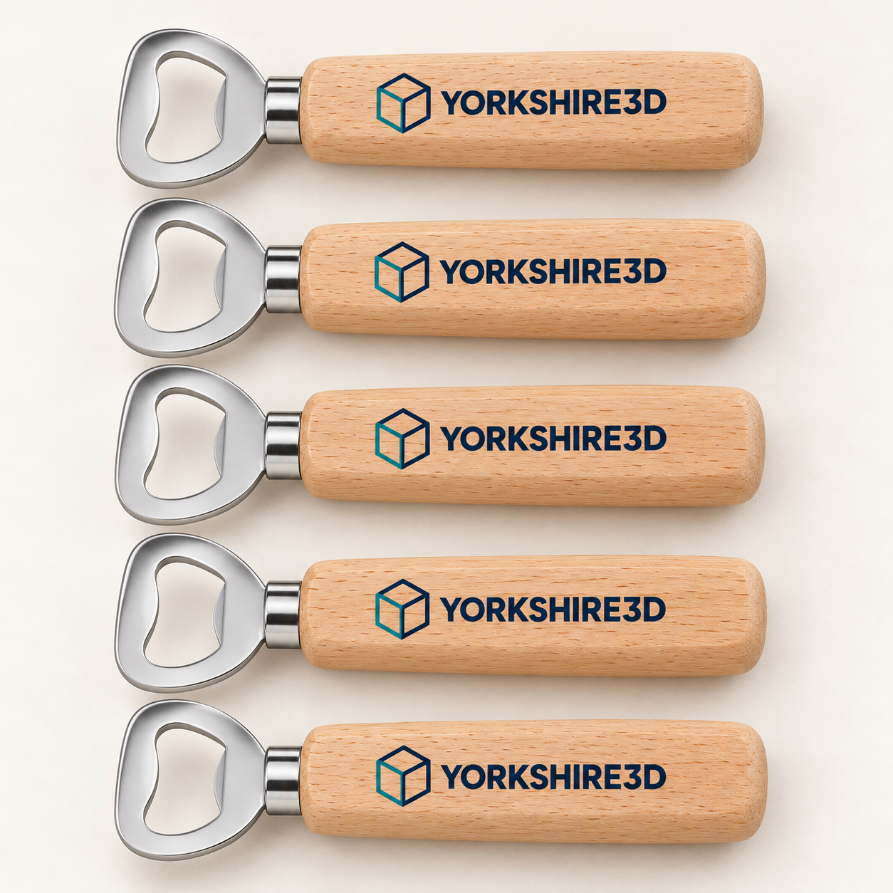 Digital product mockup of custom logo bottle opener, full colour wooden branded gift with your uploaded artwork, five opener pack.