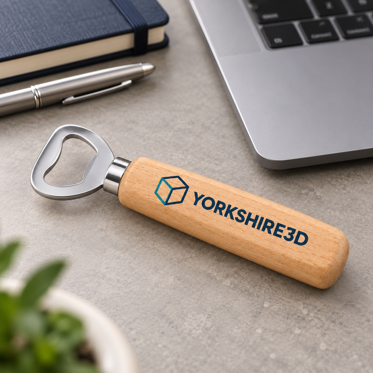Digital product mockup of custom logo bottle opener, full colour wooden branded gift with your uploaded artwork, business lifestyle.