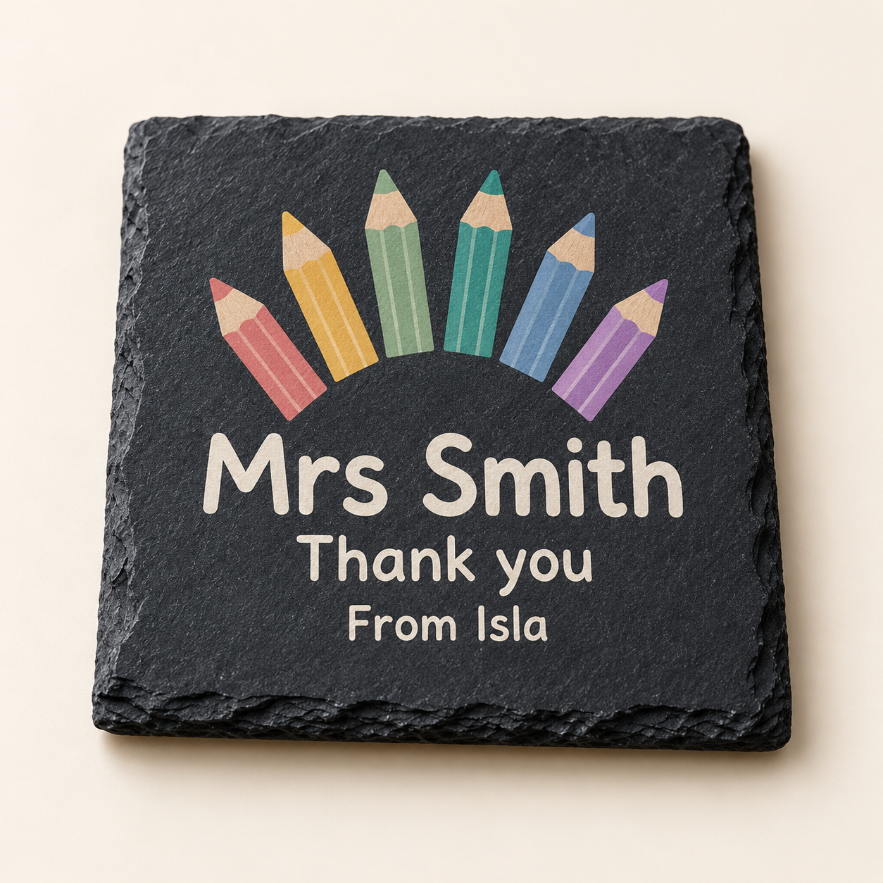 Digital product mockup of personalised teacher slate coaster, full colour thank you gift for teachers and teaching assistants, hero.