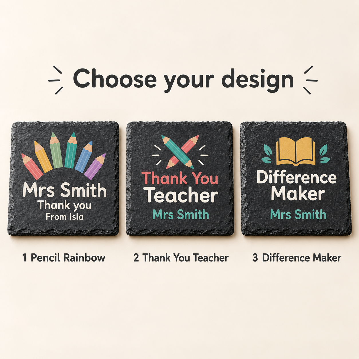 Digital product mockup of personalised teacher slate coaster, full colour thank you gift for teachers and teaching assistants, design choices.