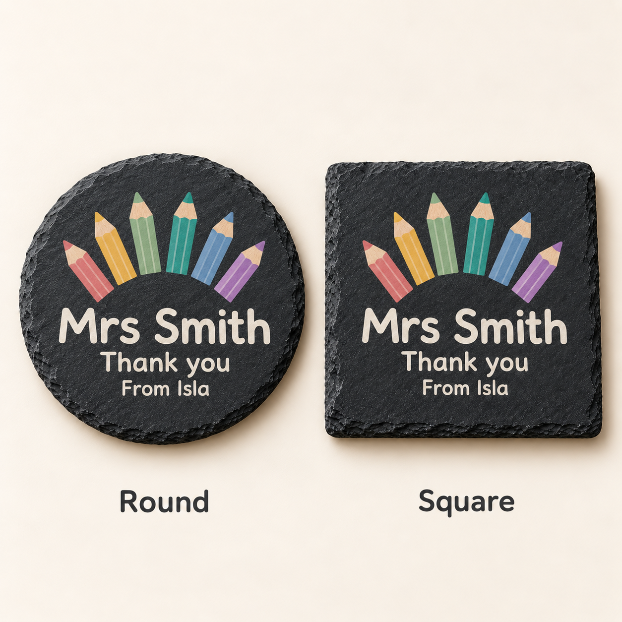 Digital product mockup of personalised teacher slate coaster, full colour thank you gift for teachers and teaching assistants, round square.