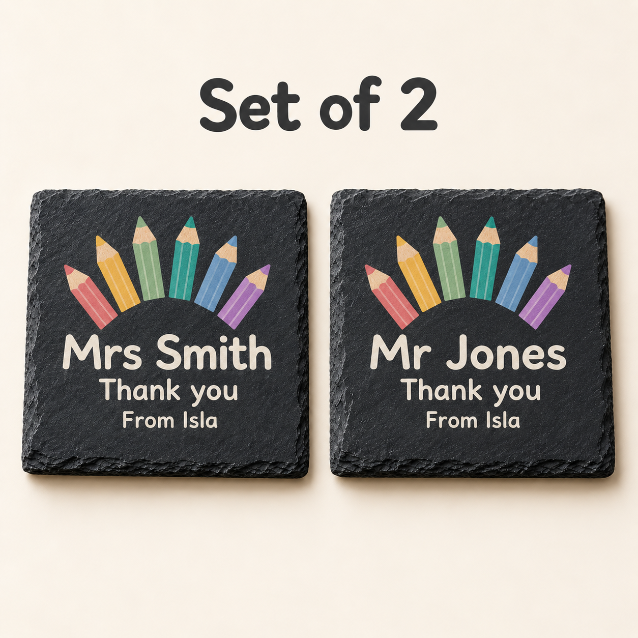Digital product mockup of personalised teacher slate coaster, full colour thank you gift for teachers and teaching assistants, set of two.