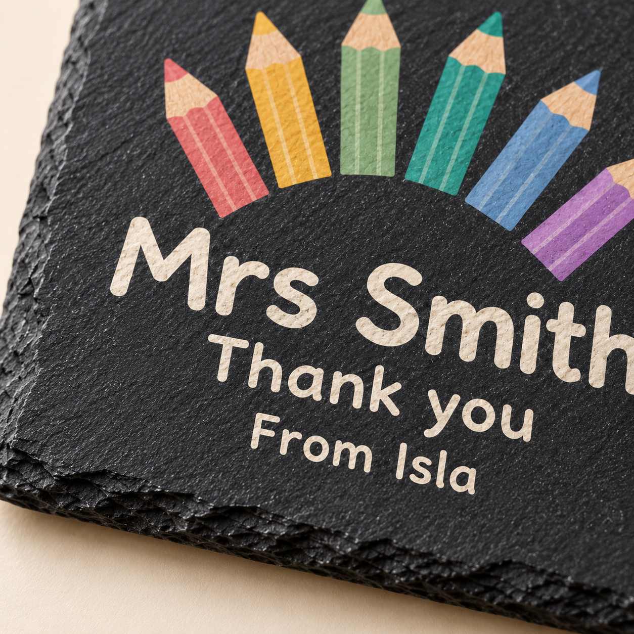 Digital product mockup of personalised teacher slate coaster, full colour thank you gift for teachers and teaching assistants, print detail.