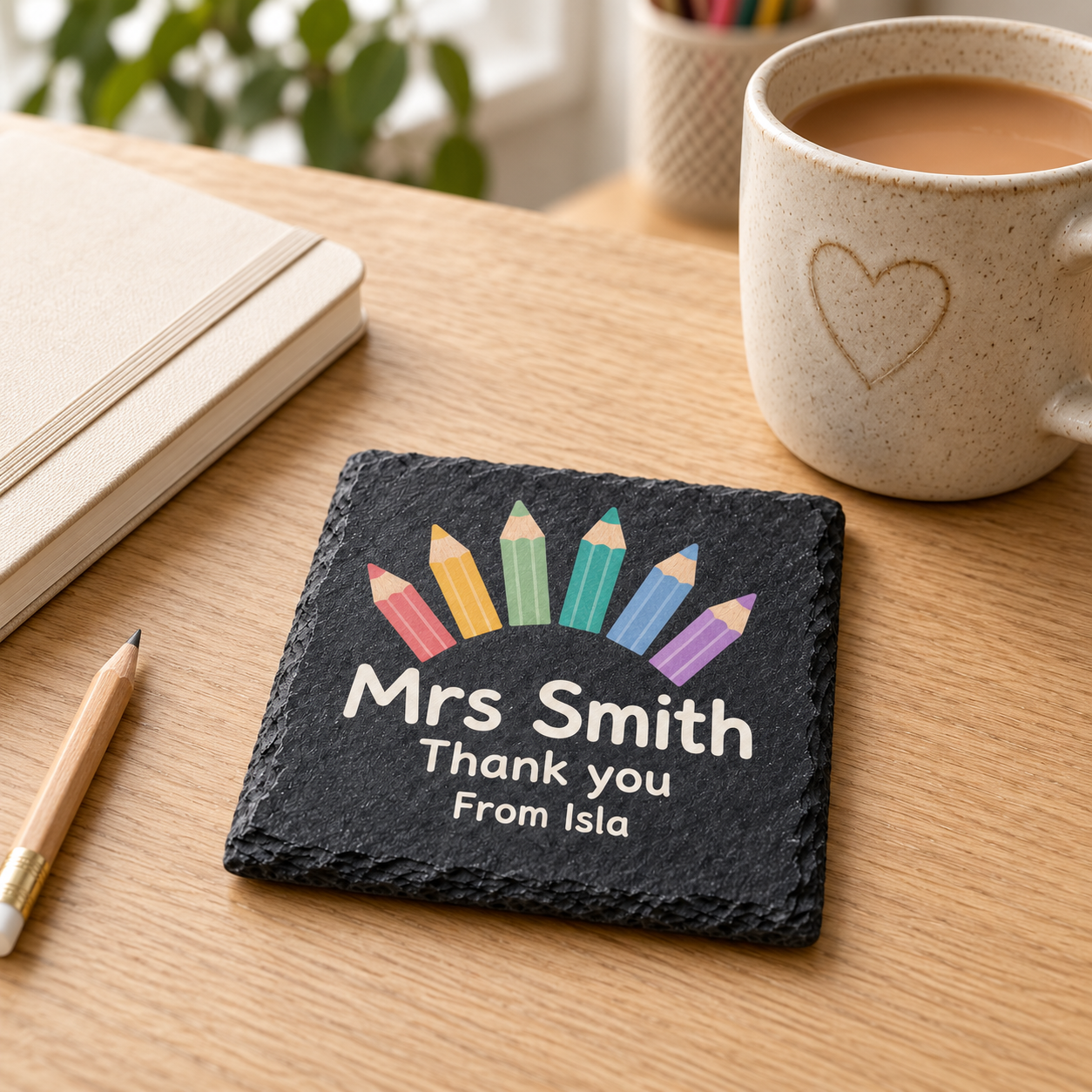 Digital product mockup of personalised teacher slate coaster, full colour thank you gift for teachers and teaching assistants, teacher desk.