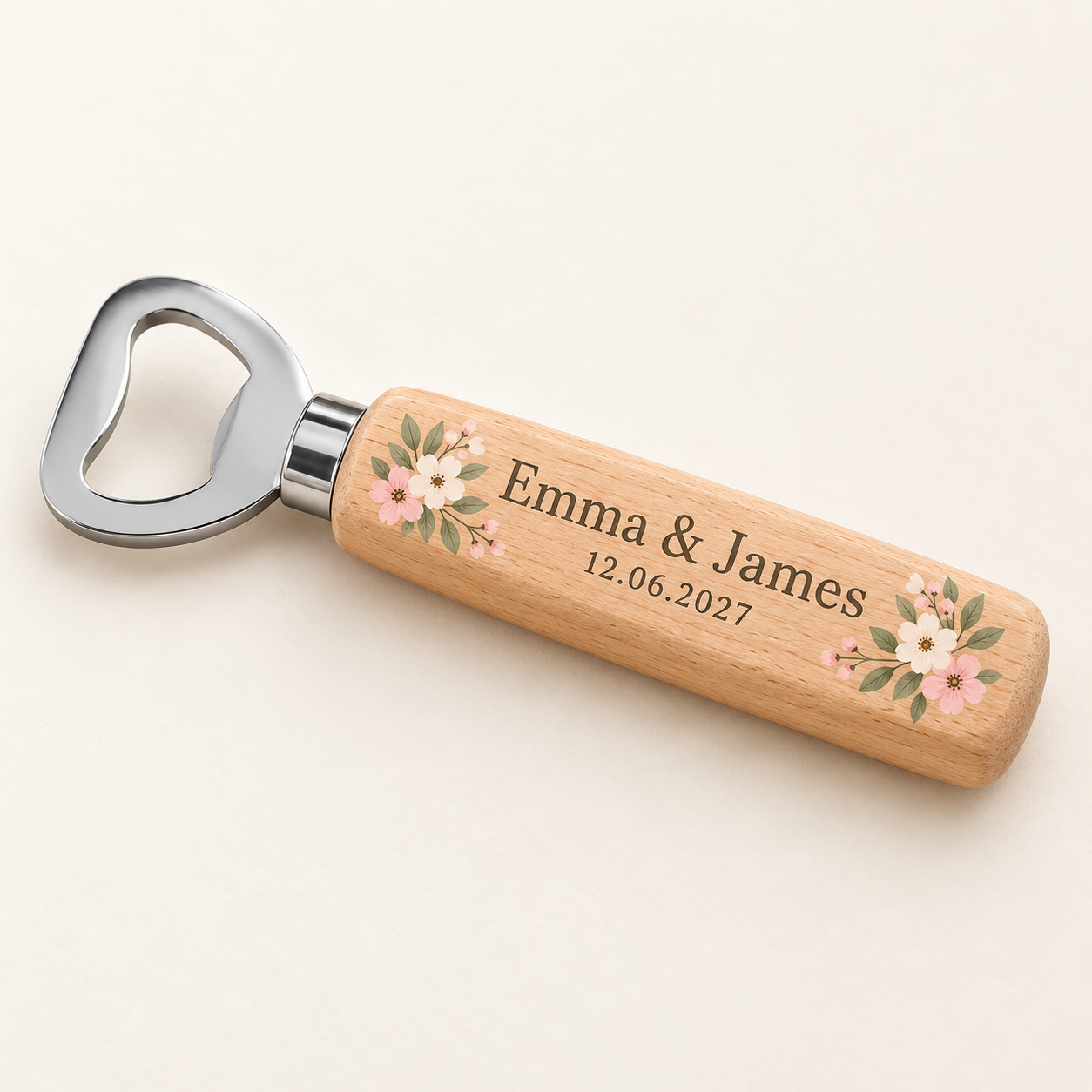 Digital product mockup of personalised wedding bottle opener, full colour wooden groomsman gift and wedding favour, studio hero.