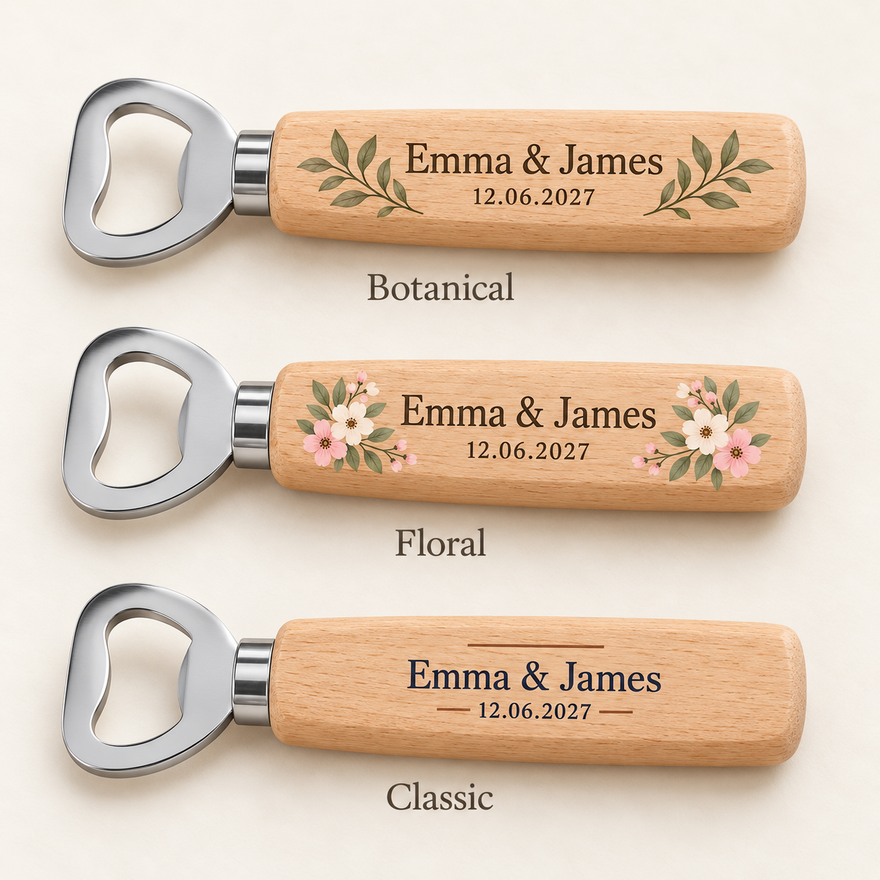 Digital product mockup of personalised wedding bottle opener, full colour wooden groomsman gift and wedding favour, design choices.