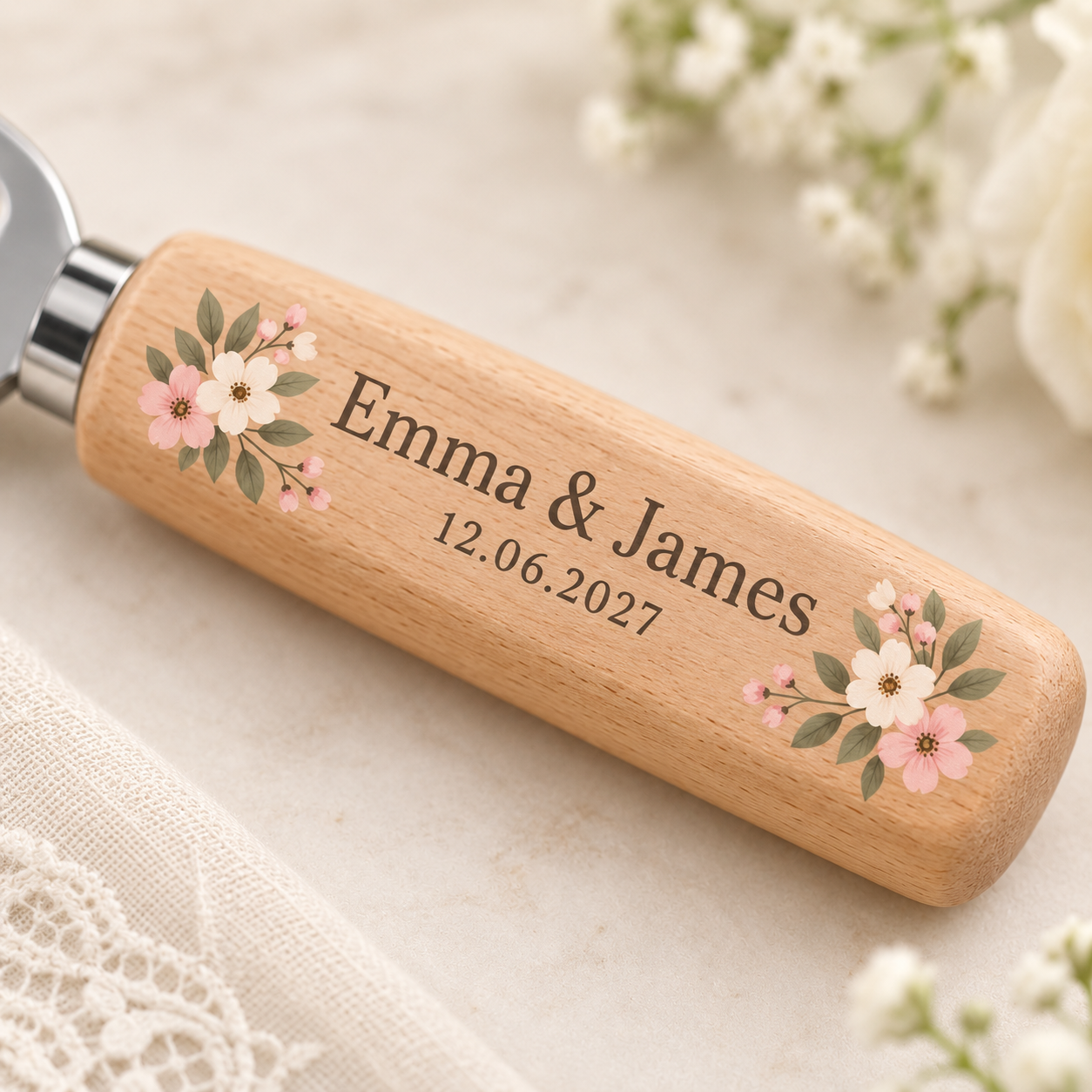 Digital product mockup of personalised wedding bottle opener, full colour wooden groomsman gift and wedding favour, print detail.