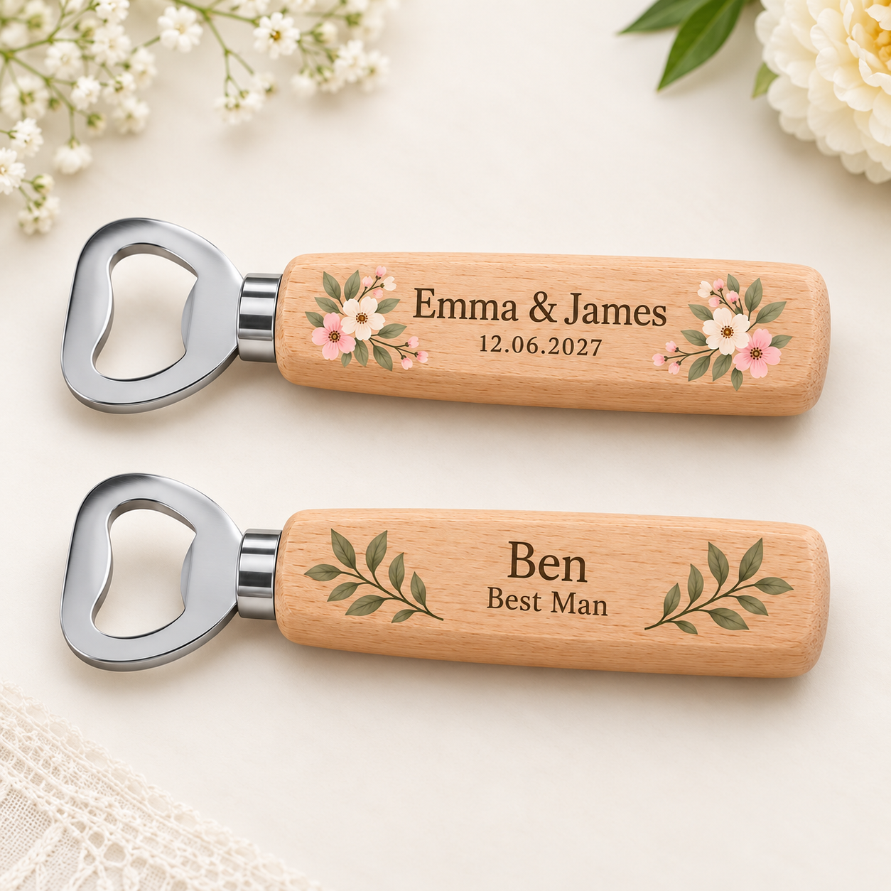 Digital product mockup of personalised wedding bottle opener, full colour wooden groomsman gift and wedding favour, personalisation examples.