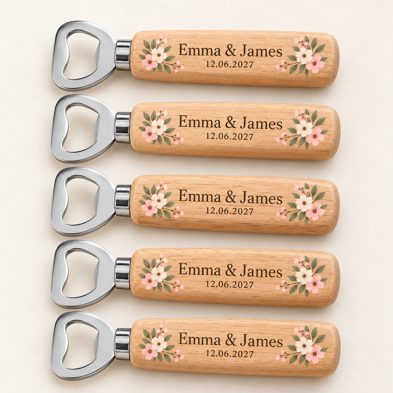 Digital product mockup of personalised wedding bottle opener, full colour wooden groomsman gift and wedding favour, pack of five.
