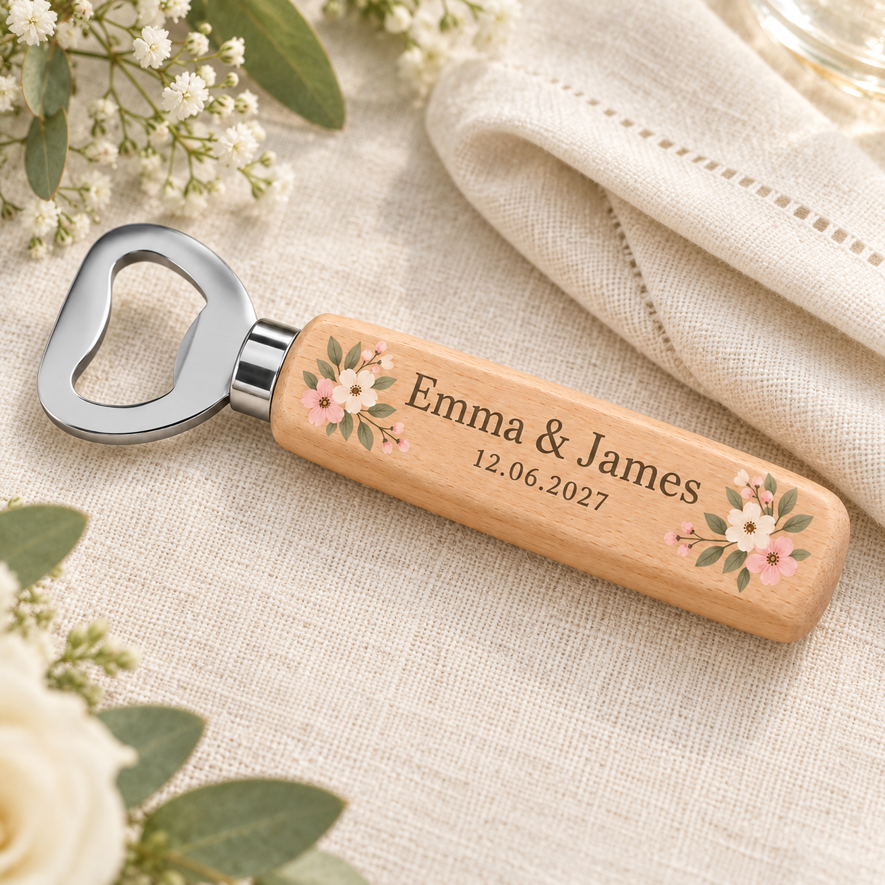 Digital product mockup of personalised wedding bottle opener, full colour wooden groomsman gift and wedding favour, wedding lifestyle.