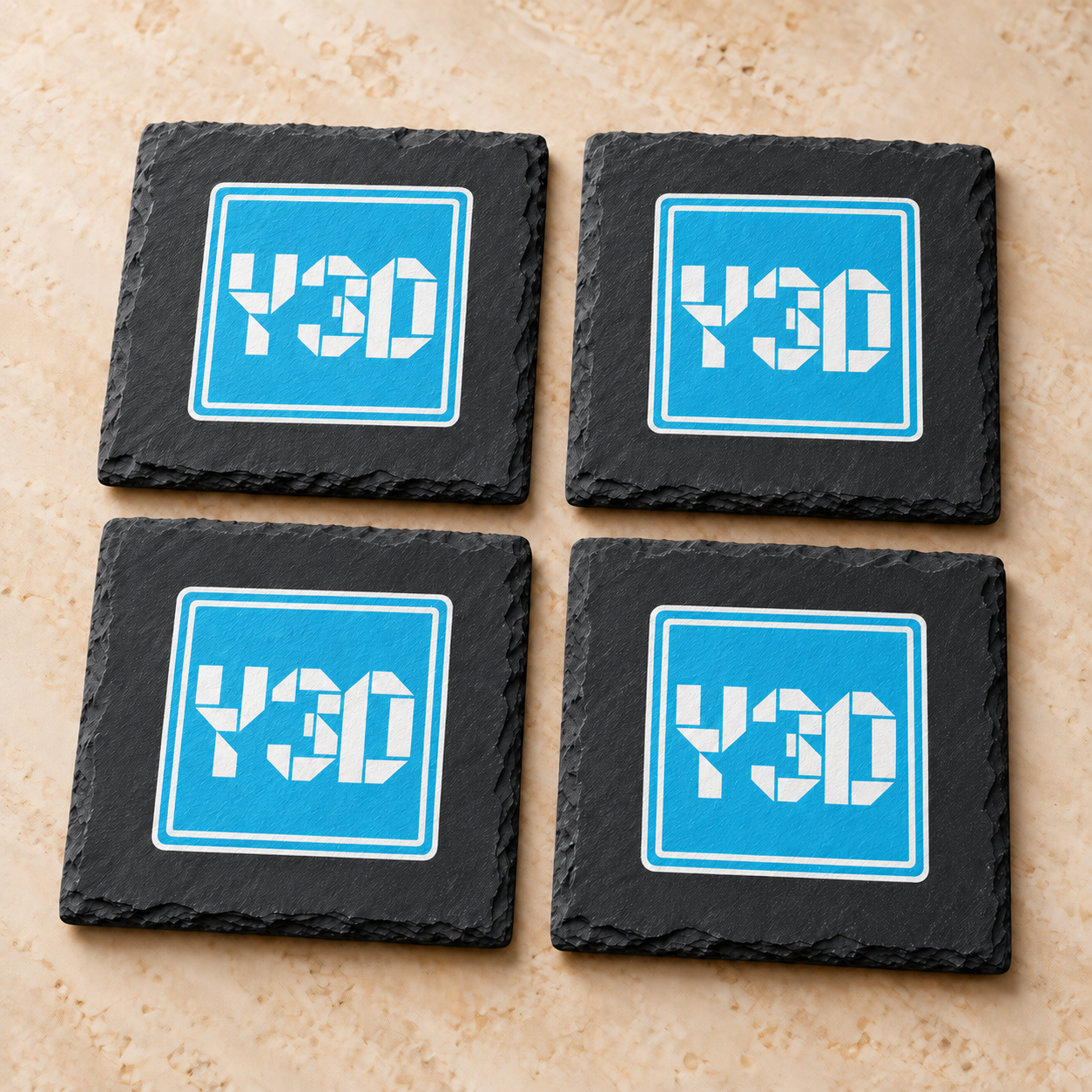 Digital product mockup of custom logo slate coasters, full colour business gift with your uploaded artwork, hero.