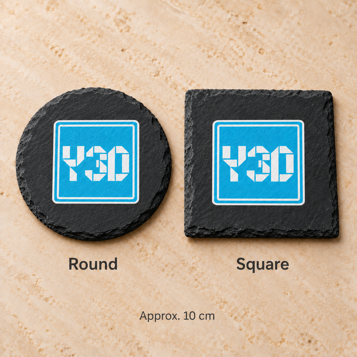 Digital product mockup of custom logo slate coasters, full colour business gift with your uploaded artwork, shape options.