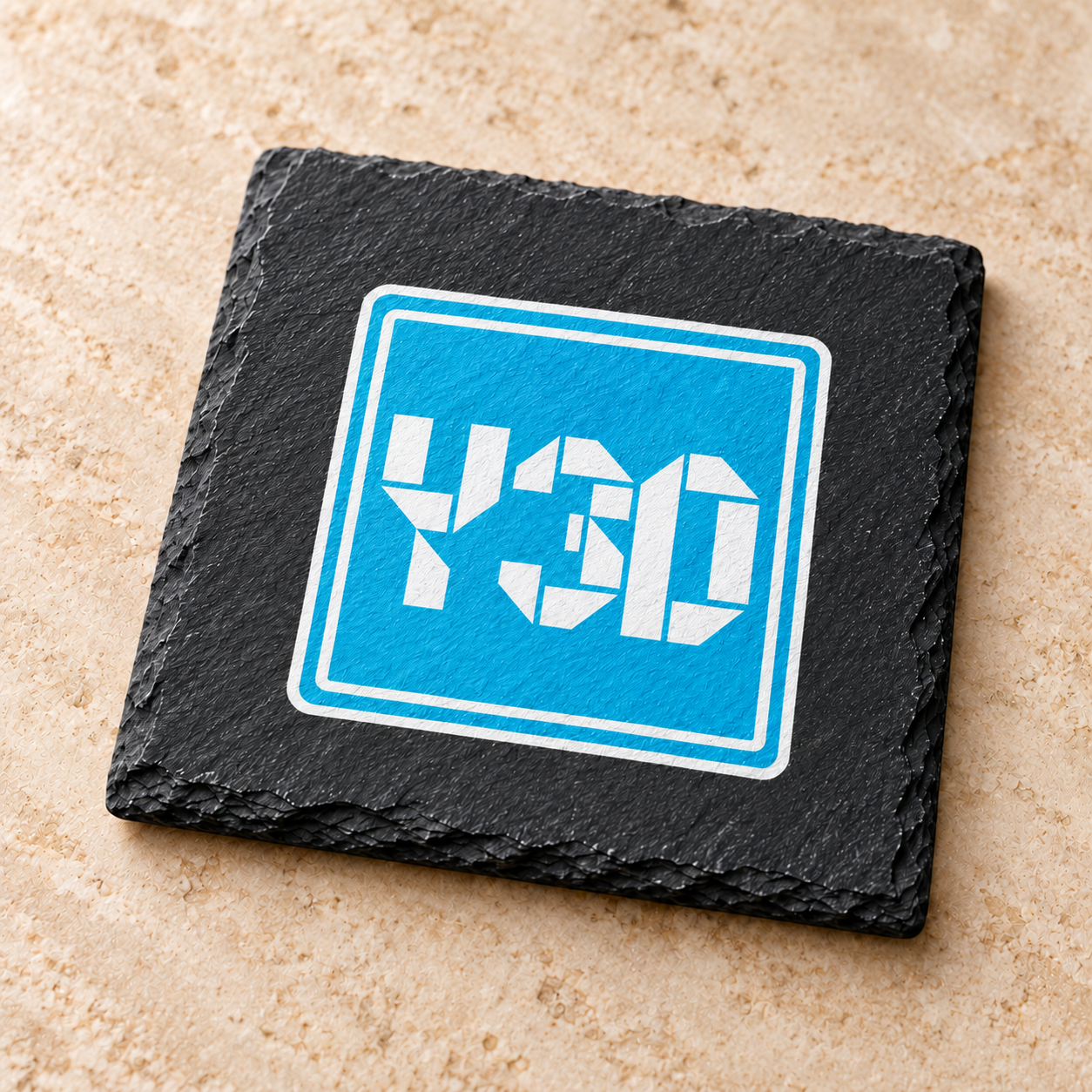 Digital product mockup of custom logo slate coasters, full colour business gift with your uploaded artwork, print detail.