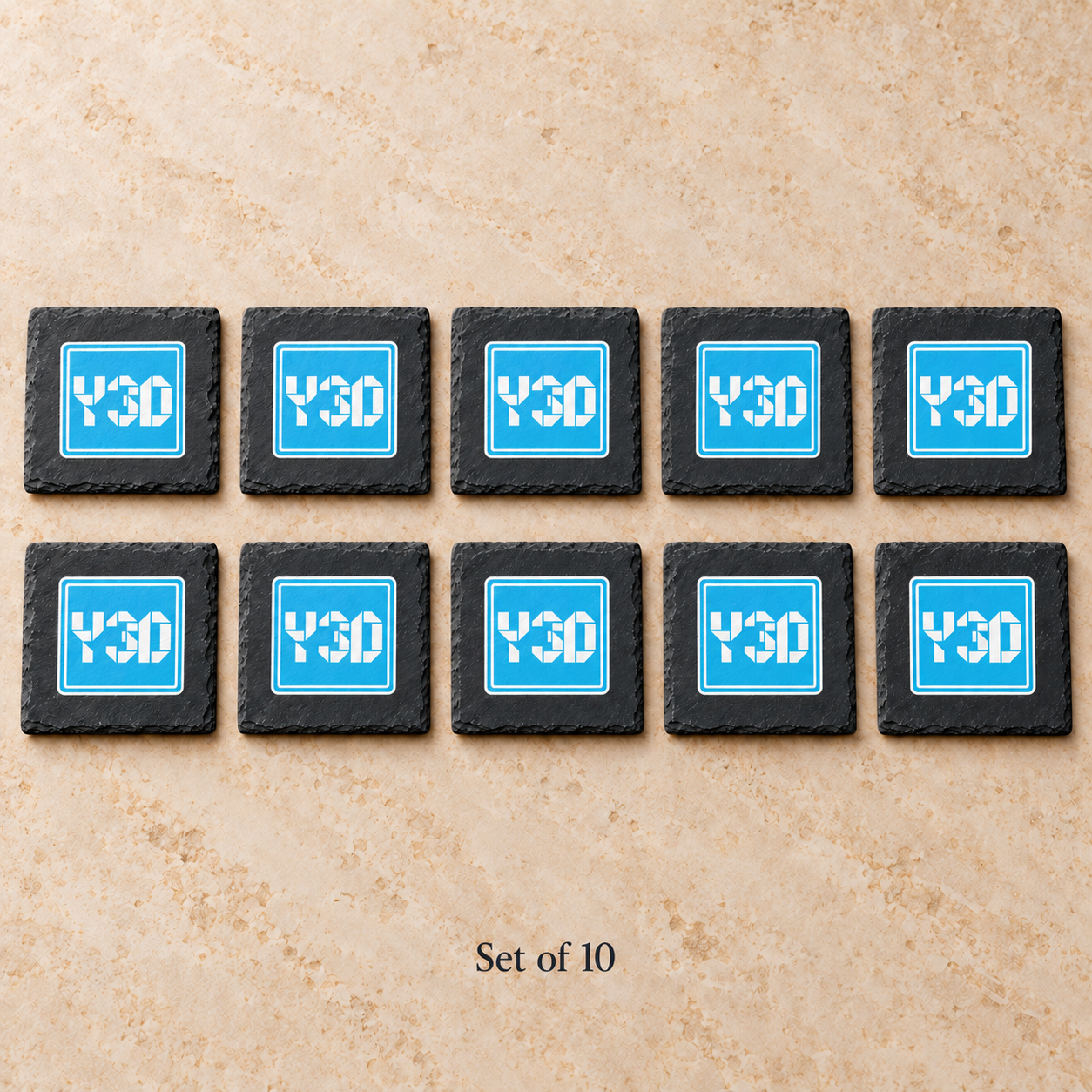 Digital product mockup of custom logo slate coasters, full colour business gift with your uploaded artwork, set of ten.