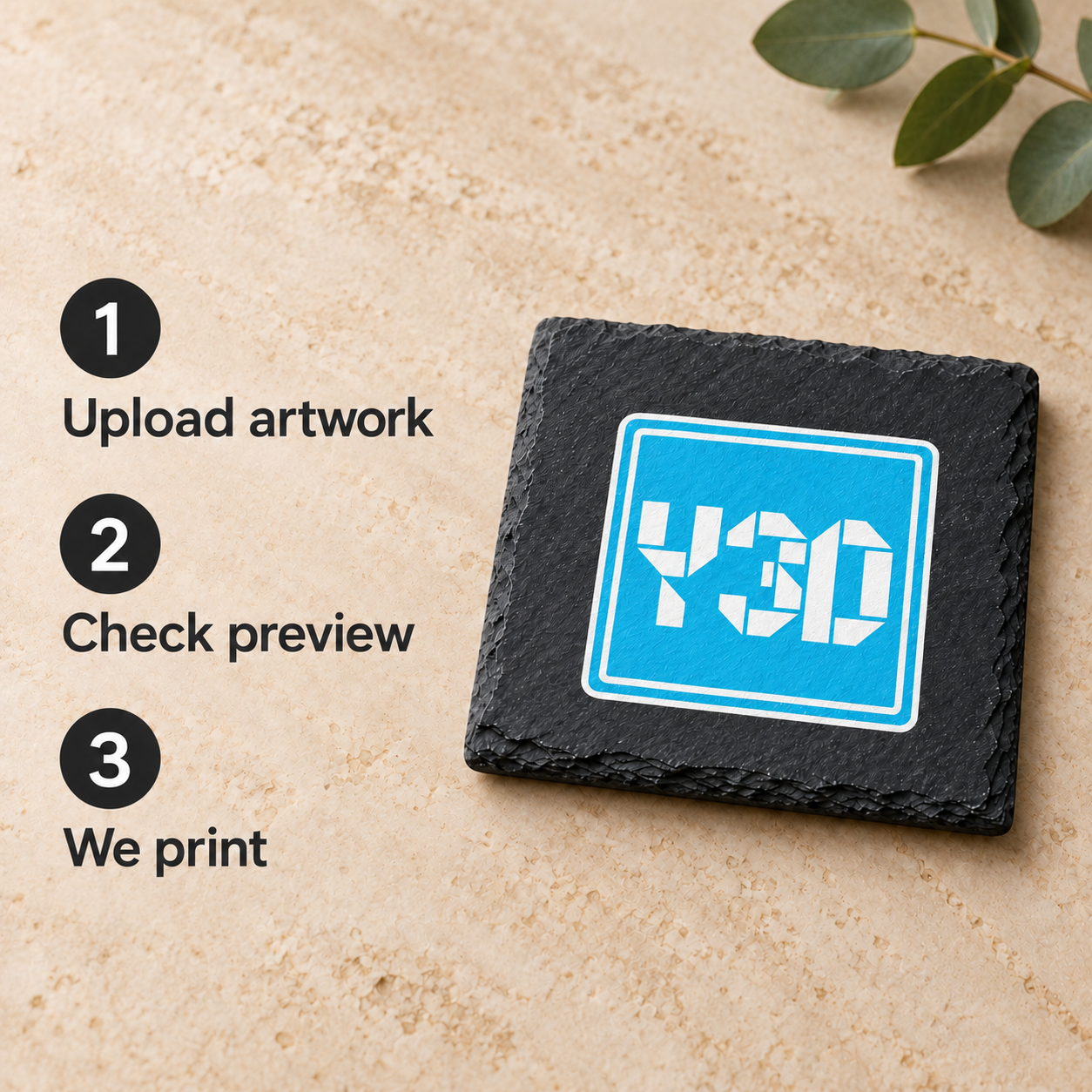 Digital product mockup of custom logo slate coasters, full colour business gift with your uploaded artwork, upload guide.