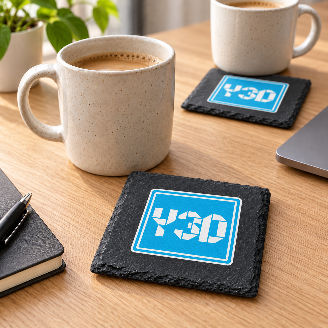 Digital product mockup of custom logo slate coasters, full colour business gift with your uploaded artwork, office lifestyle.