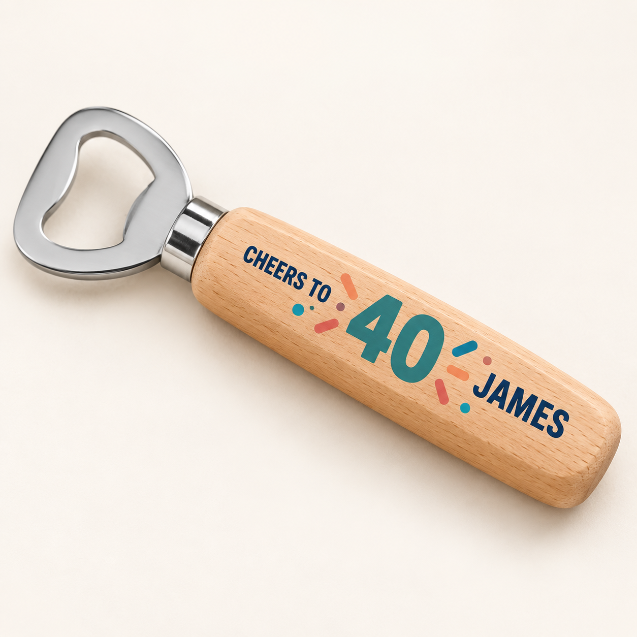 Digital product mockup of personalised birthday bottle opener, full colour wooden milestone gift and retirement keepsake, hero.