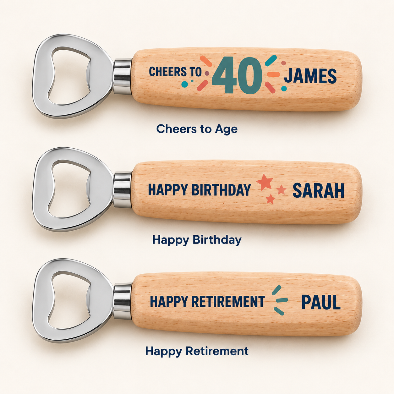 Digital product mockup of personalised birthday bottle opener, full colour wooden milestone gift and retirement keepsake, design choices.