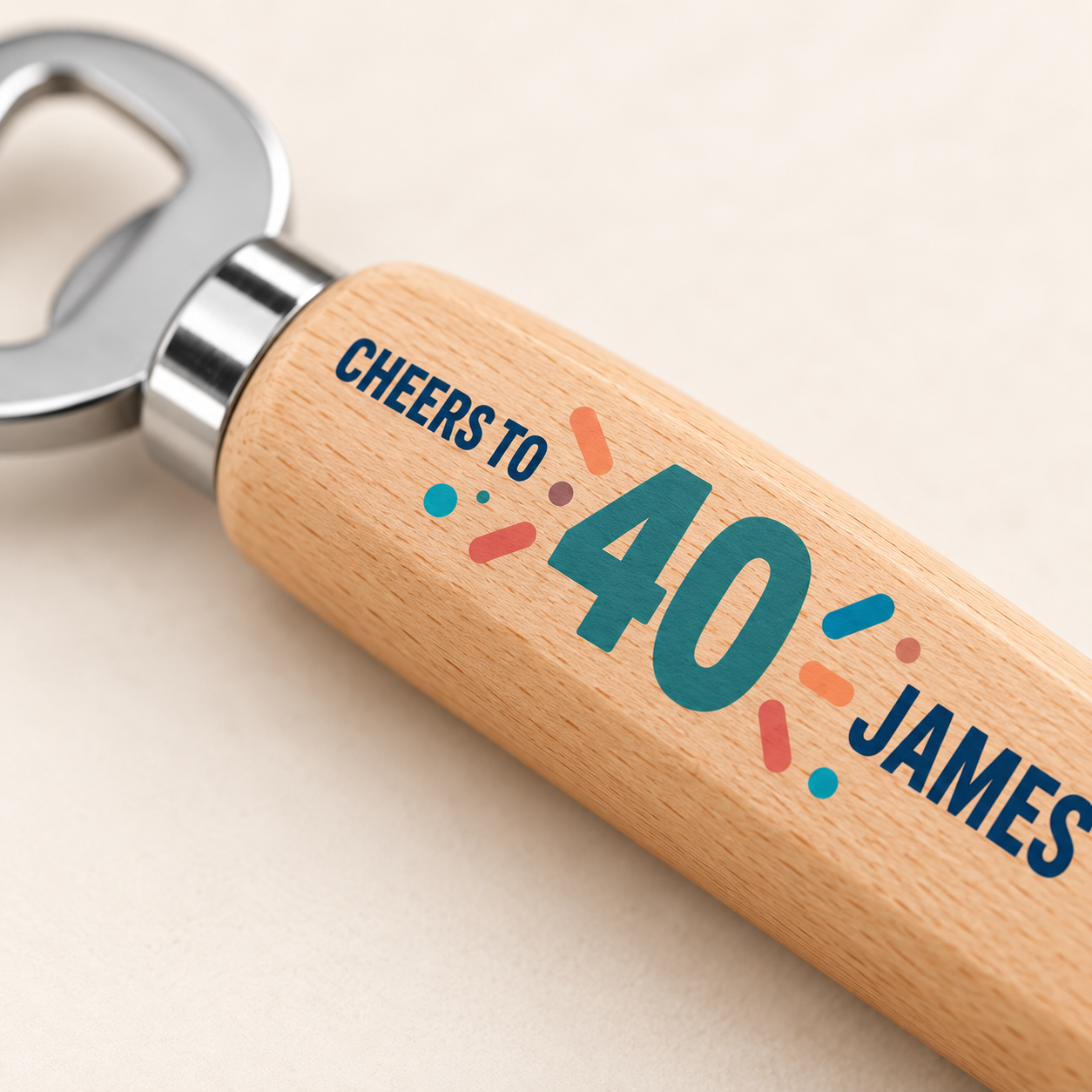 Digital product mockup of personalised birthday bottle opener, full colour wooden milestone gift and retirement keepsake, print detail.