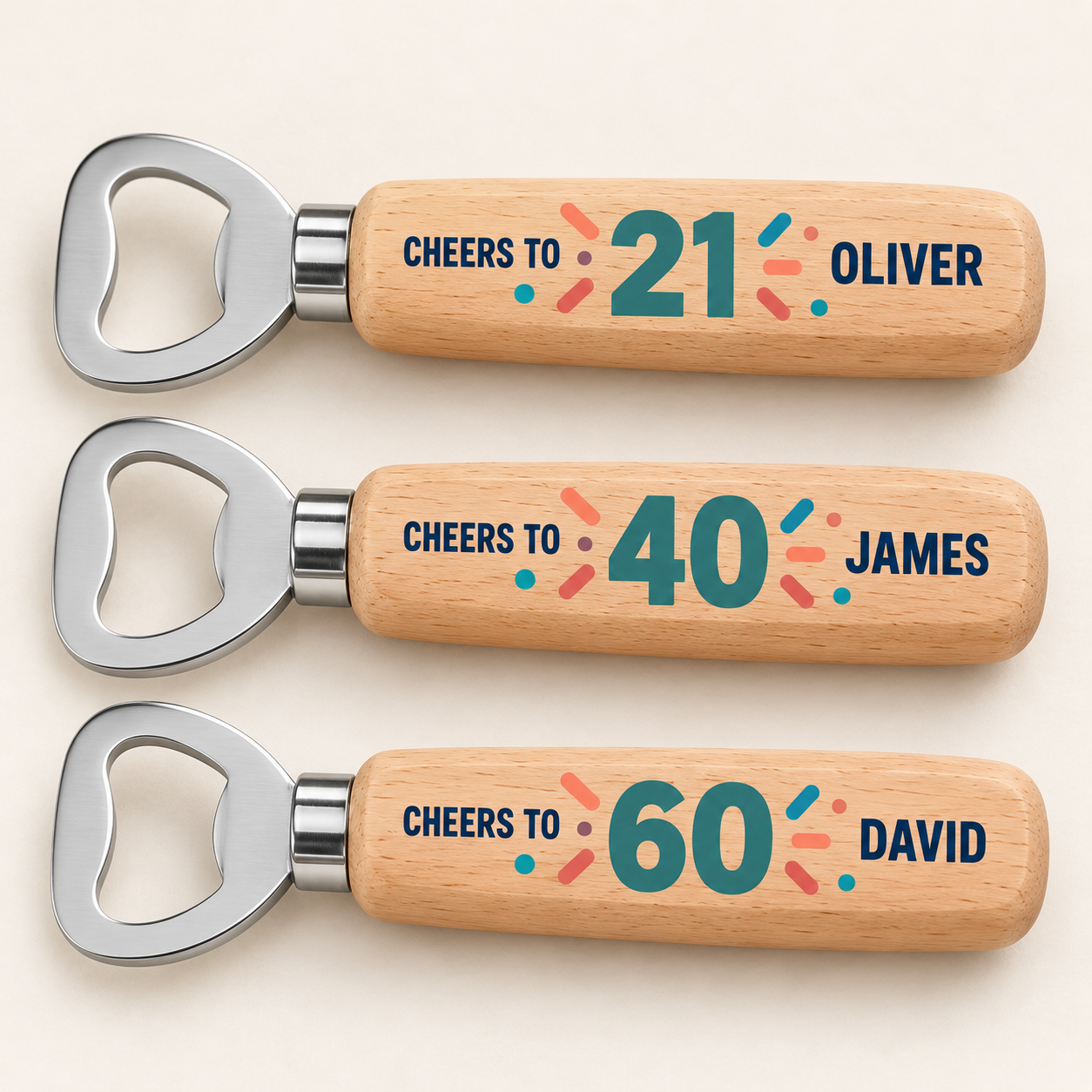 Digital product mockup of personalised birthday bottle opener, full colour wooden milestone gift and retirement keepsake, milestone examples.