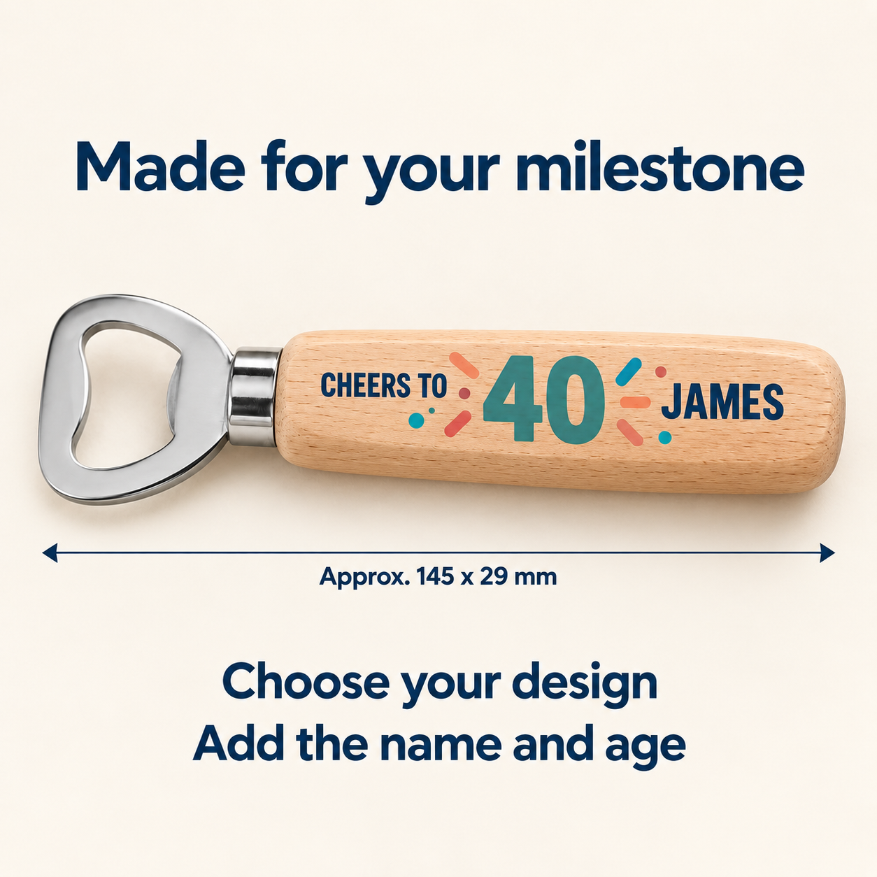 Digital product mockup of personalised birthday bottle opener, full colour wooden milestone gift and retirement keepsake, size order guide.