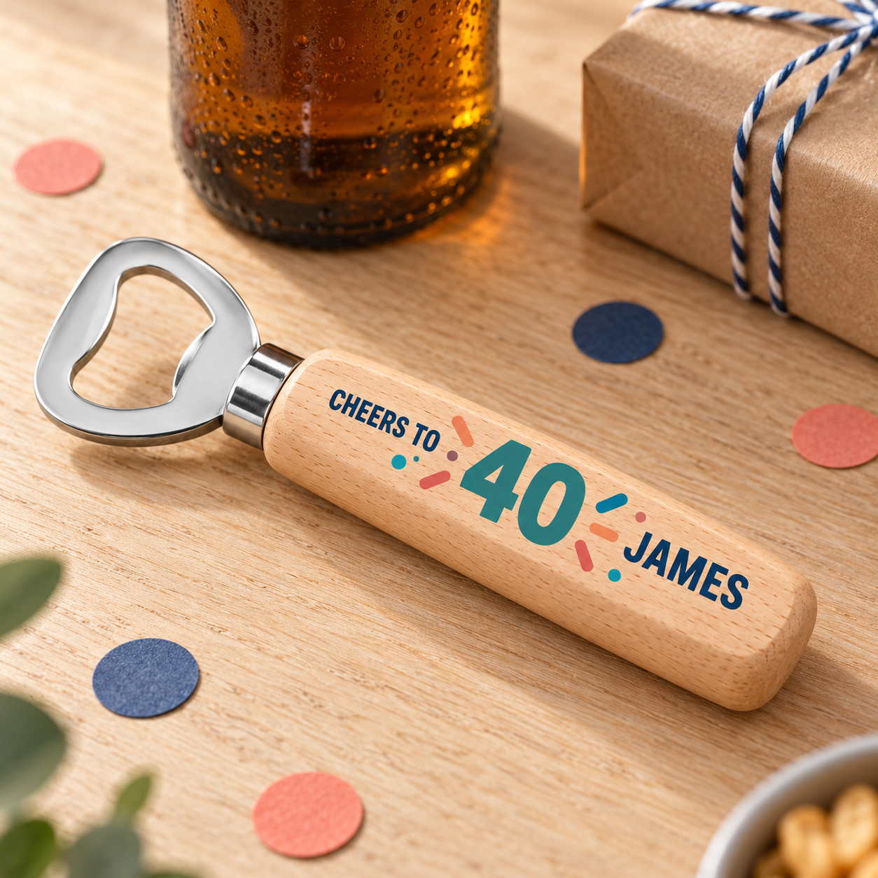 Digital product mockup of personalised birthday bottle opener, full colour wooden milestone gift and retirement keepsake, lifestyle.